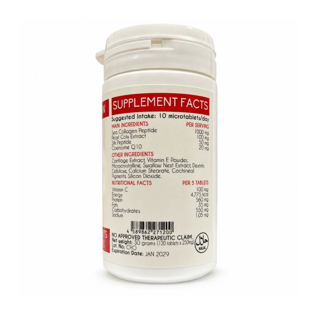 SKJN Collagen Microtablets supplement facts featuring ingredients and suggested daily intake.