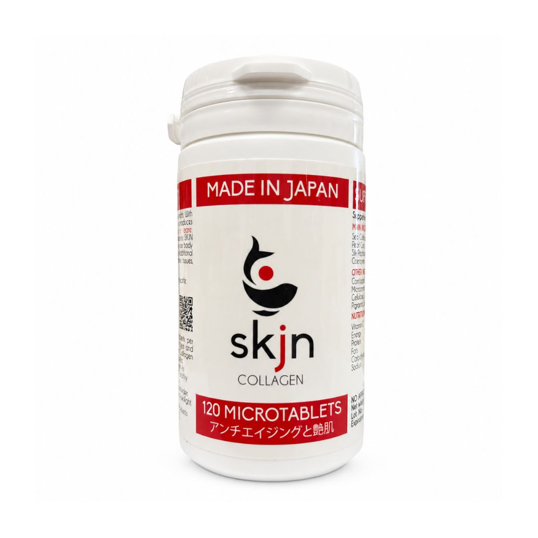 SKJN Collagen Microtablets with sea collagen peptide and CoQ10 in a 120-count bottle.