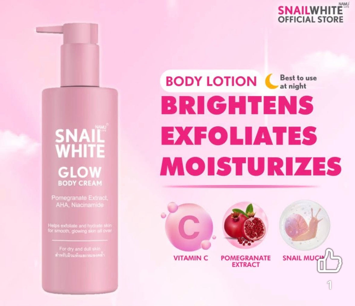 Snail White Glow Body Cream 300ml with pomegranate extract for refreshed and smooth-looking skin