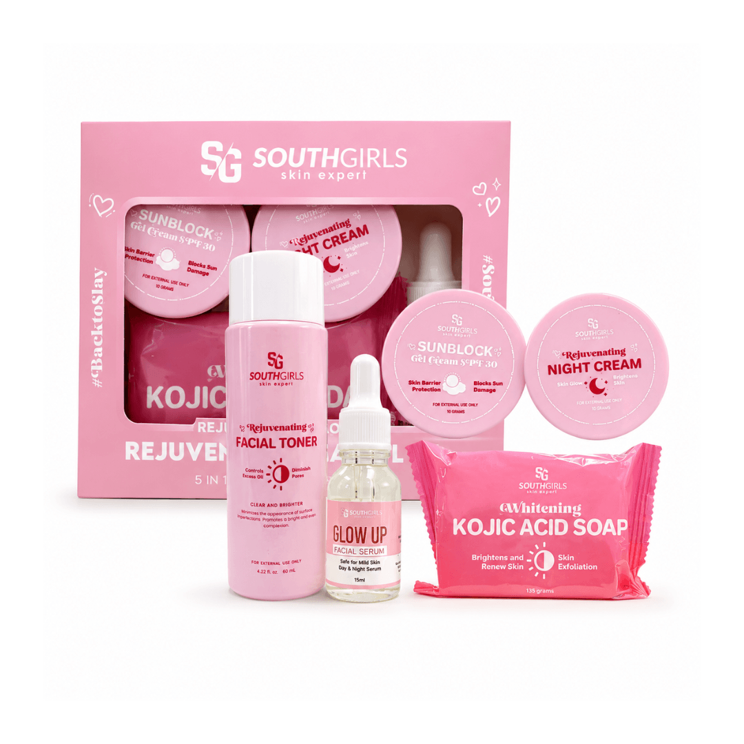 SouthGirls Skin Expert Rejuvenating Facial Set 5-in-1 lightweight skincare essentials for morning and evening routines.