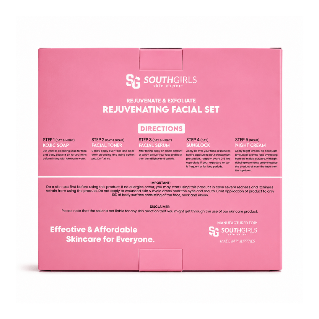 SouthGirls Skin Expert Rejuvenating Facial Set 5-in-1 featuring a complete skincare routine for cleansing, toning, moisturizing, and daily care.