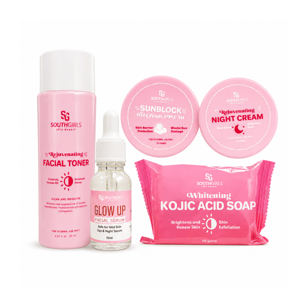 SouthGirls Skin Expert Rejuvenating Facial Set 5-in-1 complete daily facial care kit with toner, serum, facial soap, sunblock gel cream, and night cream.