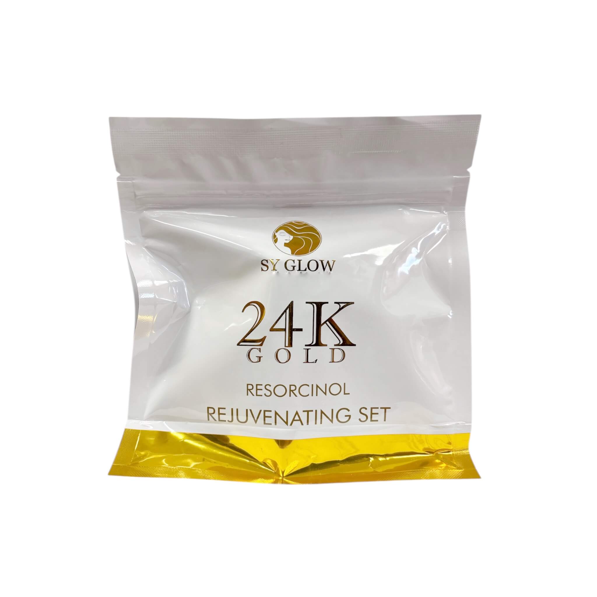 SY Glow 24K Gold Rejuvenating Set with Resorcinol and Niacinamide 4-step facial kit designed to support skin renewal and radiance.