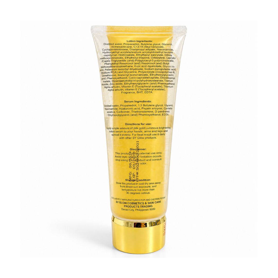 SY GLOW 24K Luminous Lotion SPF 75 250mL enriched with Niacinamide, Vitamin E, and moisturizing ingredients for a soft, comfortable skin feel.