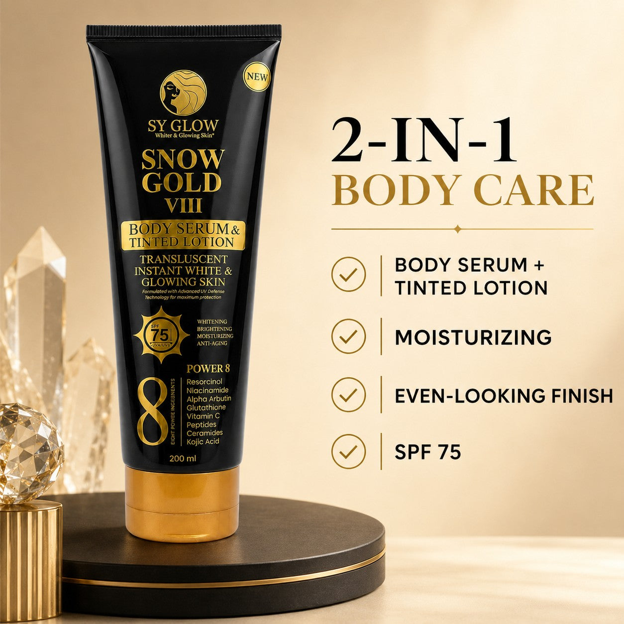 SY Glow Snow Gold VIII 2-in-1 body serum and tinted lotion for daily care