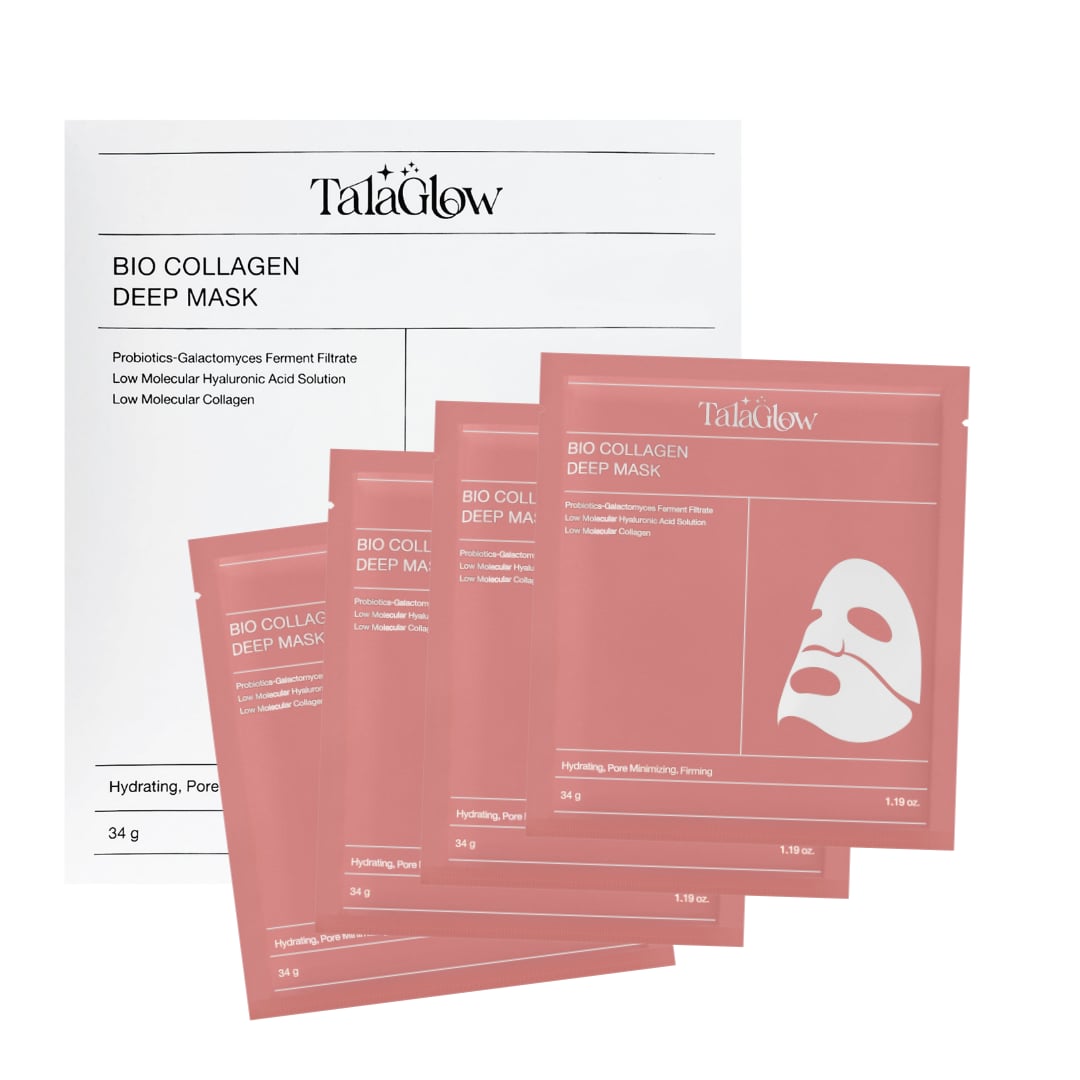 Tala Glow BIO COLLAGEN DEEP MASK - Hydrating & Firming Sheet Mask with Probiotics & Low Molecular Hyaluronic Acid - 34g (1.19 oz) x 4 Pack