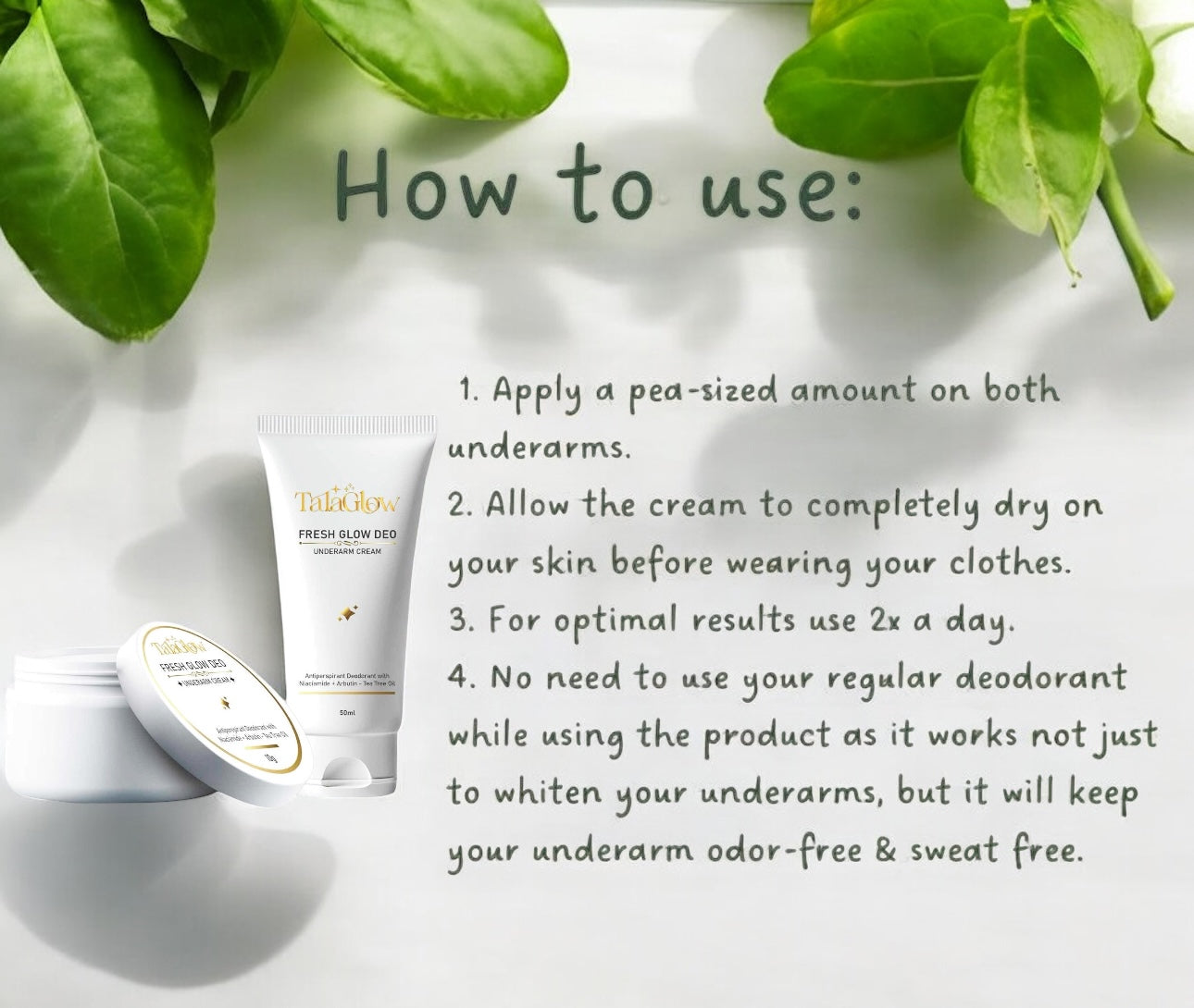 Tala Glow Fresh Glow Deo Cream includes arbutin for smooth underarm feel