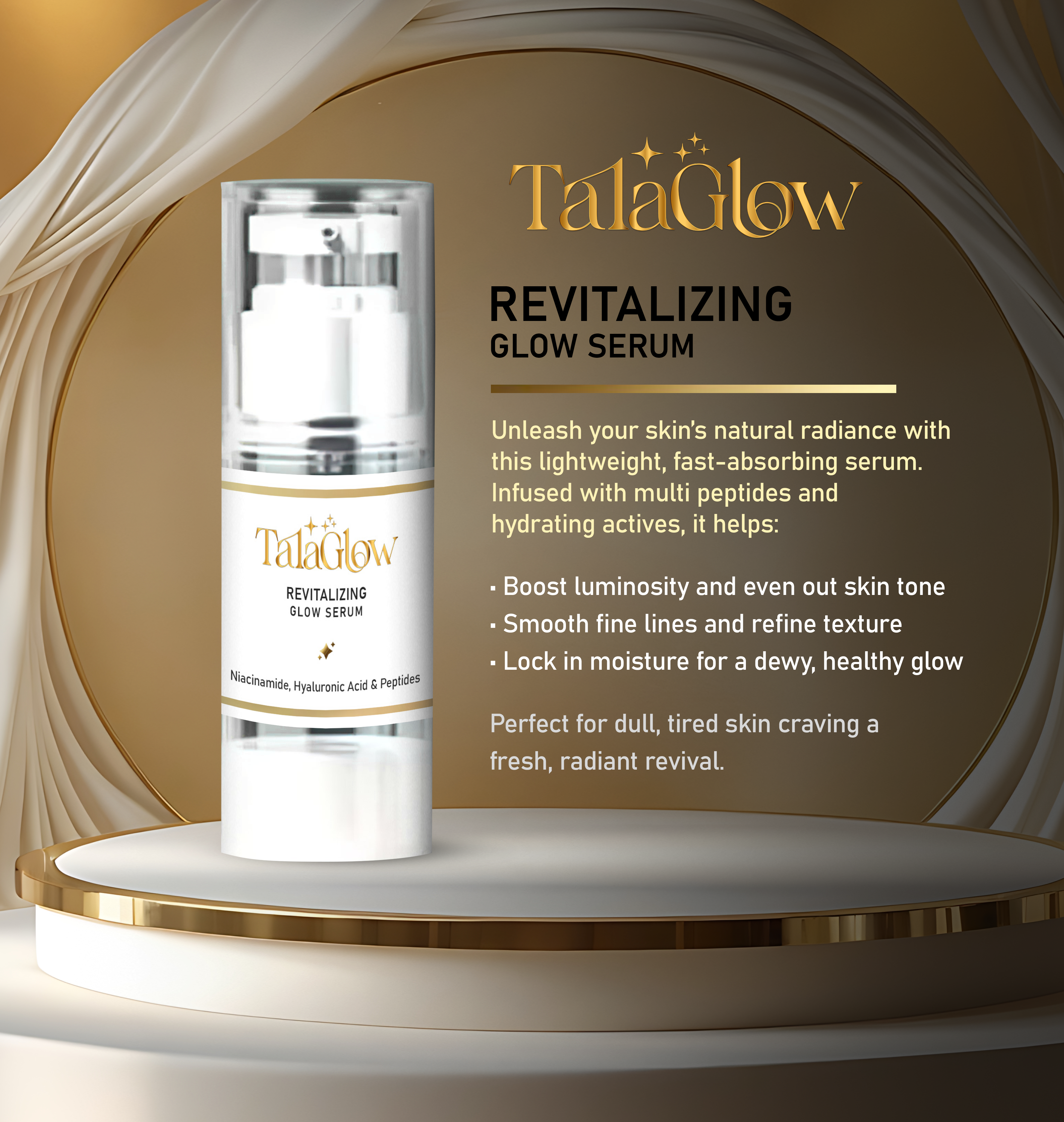 Tala Glow Revitalizing Glow Serum - 30ml | 5% Niacinamide & Hyaluronic Acid with Advanced Peptide Complex | Enhance Natural Skin Radiance and Deep Moisture Retention