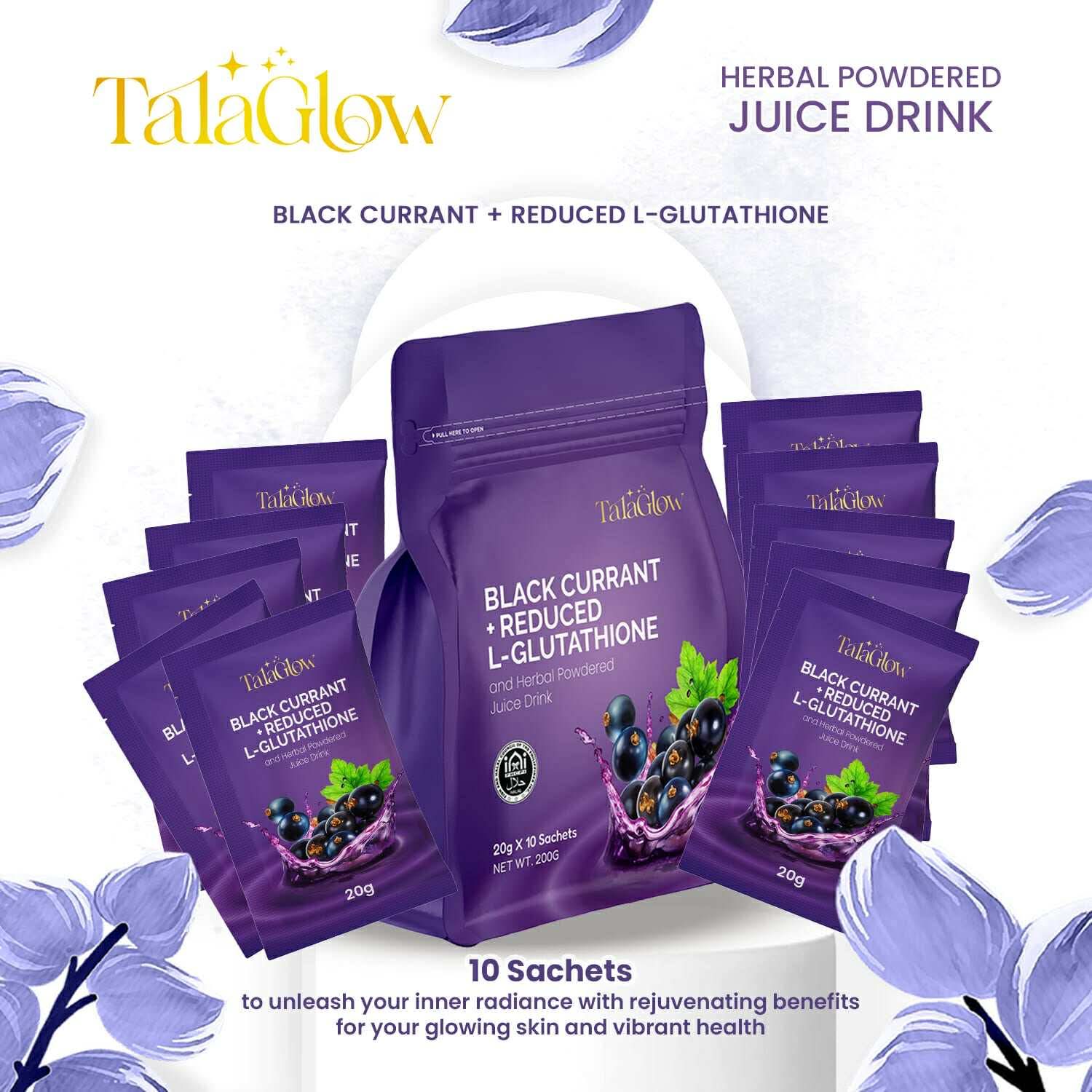 TalaGlow Black Currant Reduced L Glutathione Herbal Juice Drink 20g convenient powdered drink