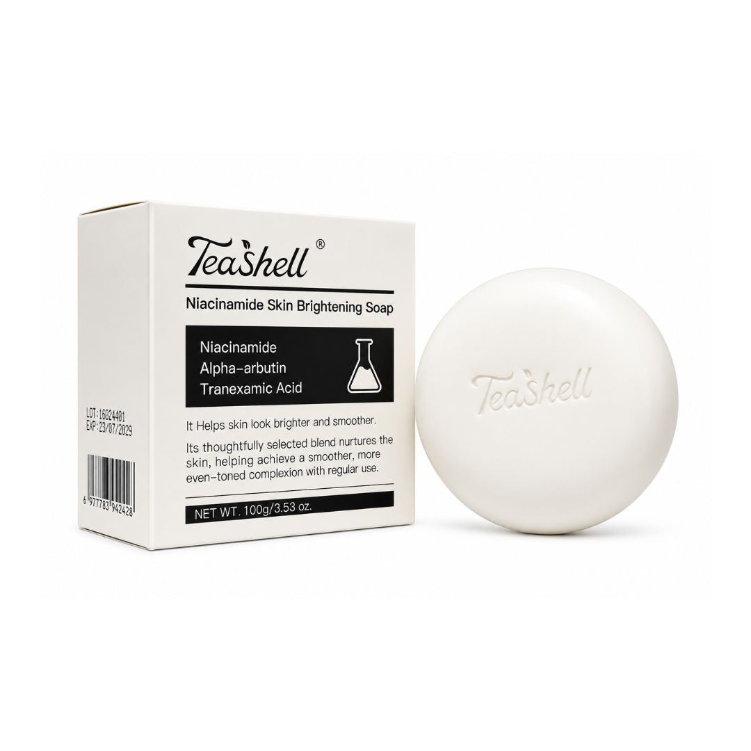Tea Shell Niacinamide + Alpha Arbutin Cleansing Soap, 100g showcasing key formula details for an everyday face and body cleansing routine.