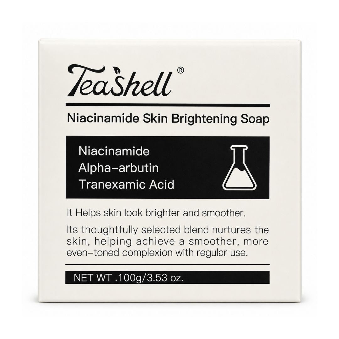 Tea Shell Niacinamide + Alpha Arbutin Cleansing Soap, 100g featuring Niacinamide, Alpha Arbutin, Tranexamic Acid, and conditioning ingredients.