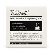 Tea Shell Niacinamide + Alpha Arbutin Cleansing Soap, 100g featuring Niacinamide, Alpha Arbutin, Tranexamic Acid, and conditioning ingredients.