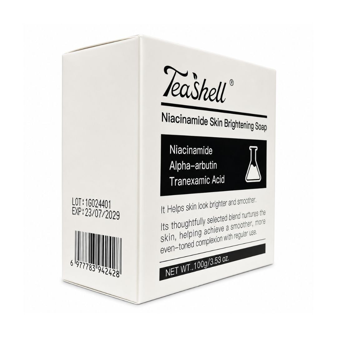 Tea Shell Niacinamide + Alpha Arbutin Cleansing Soap, 100g with Tranexamic Acid complementing its multi-ingredient formula.