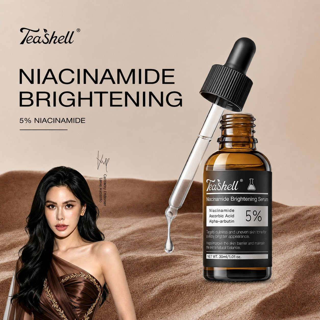 TeaShell 5% Niacinamide Serum 30ml delivers lightweight hydration for a fresh-looking complexion.