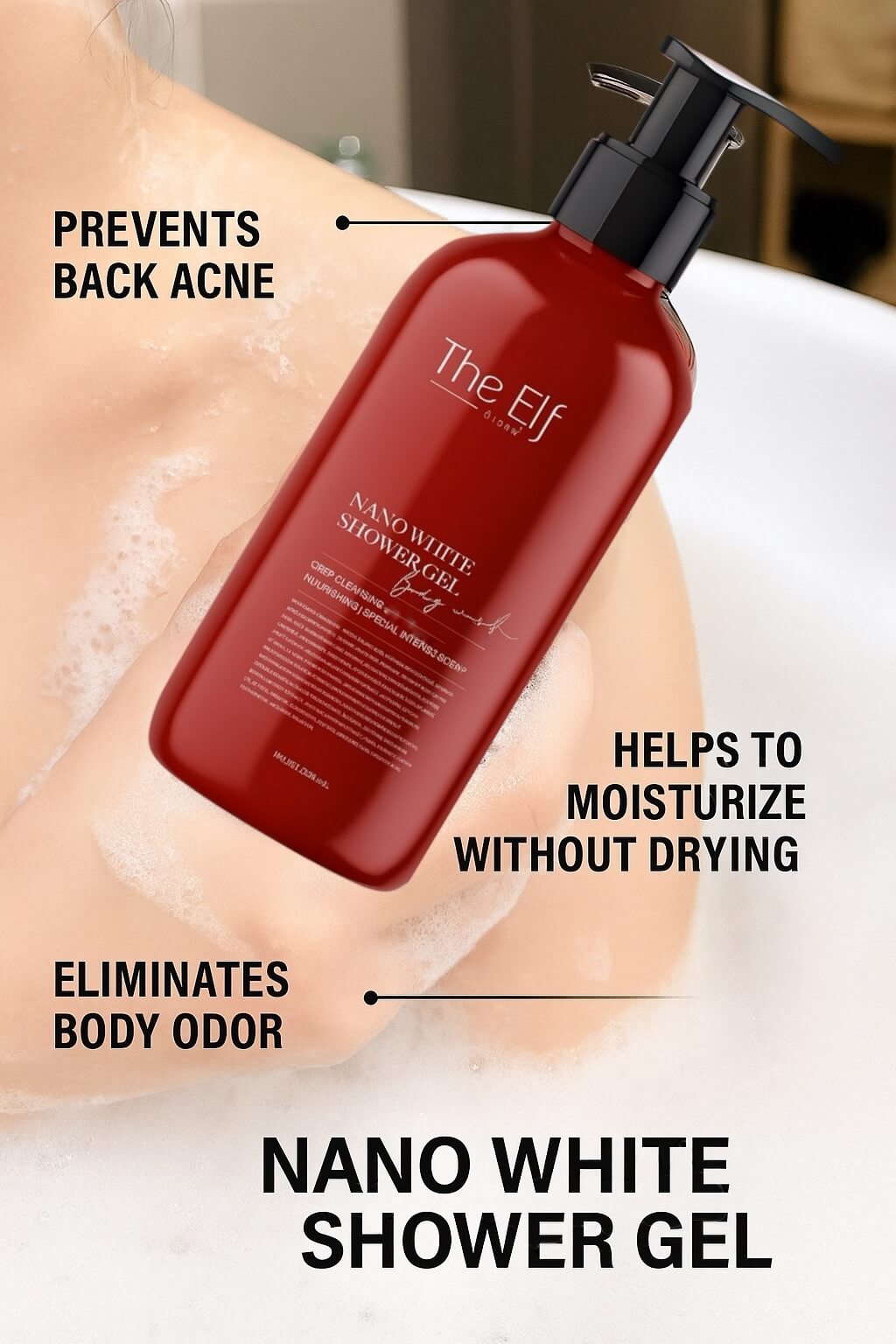 The Elf Nano White Shower Gel Body Wash offering a hydrating daily cleanse with Aloe Vera, Niacinamide, Panthenol and Collagen