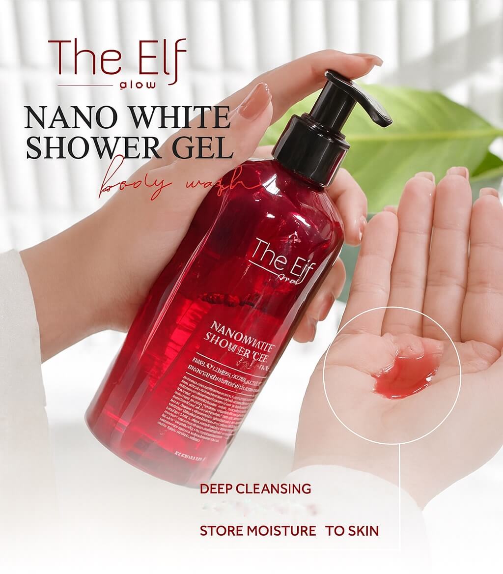 The Elf Nano White Shower Gel Body Wash designed for a refreshing clean with Aloe Vera, Niacinamide, Panthenol and Collagen