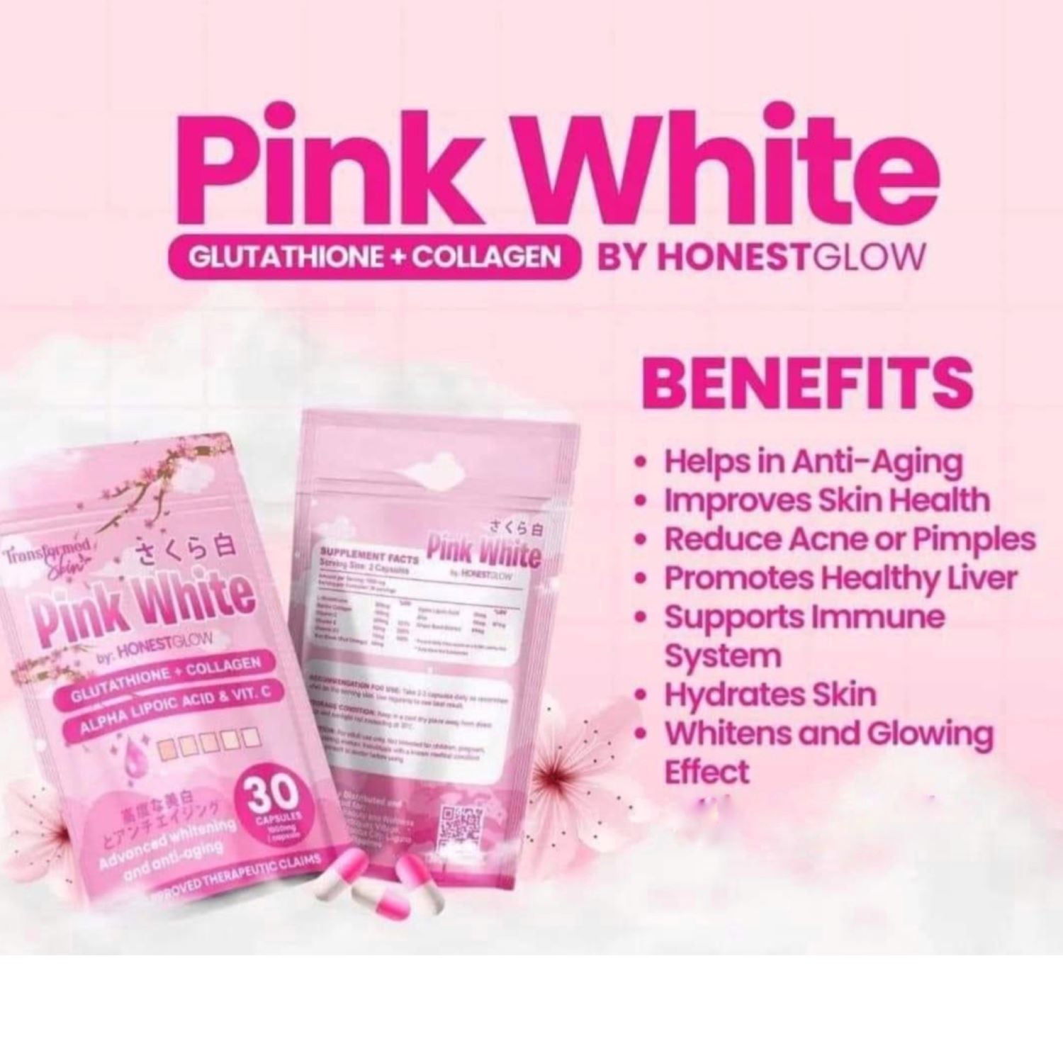 Transformed Skin Honest Glow Pink White Glutathione Capsules