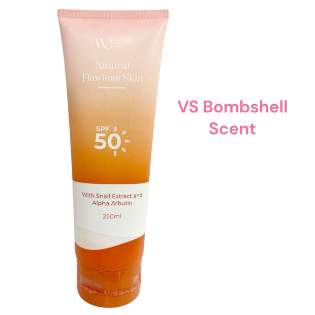 WC Natural Flawless Skin Body Lotion with SPF 50, Snail Extract & Arbutin - VS Bombshell Scent, 250ml /8oz