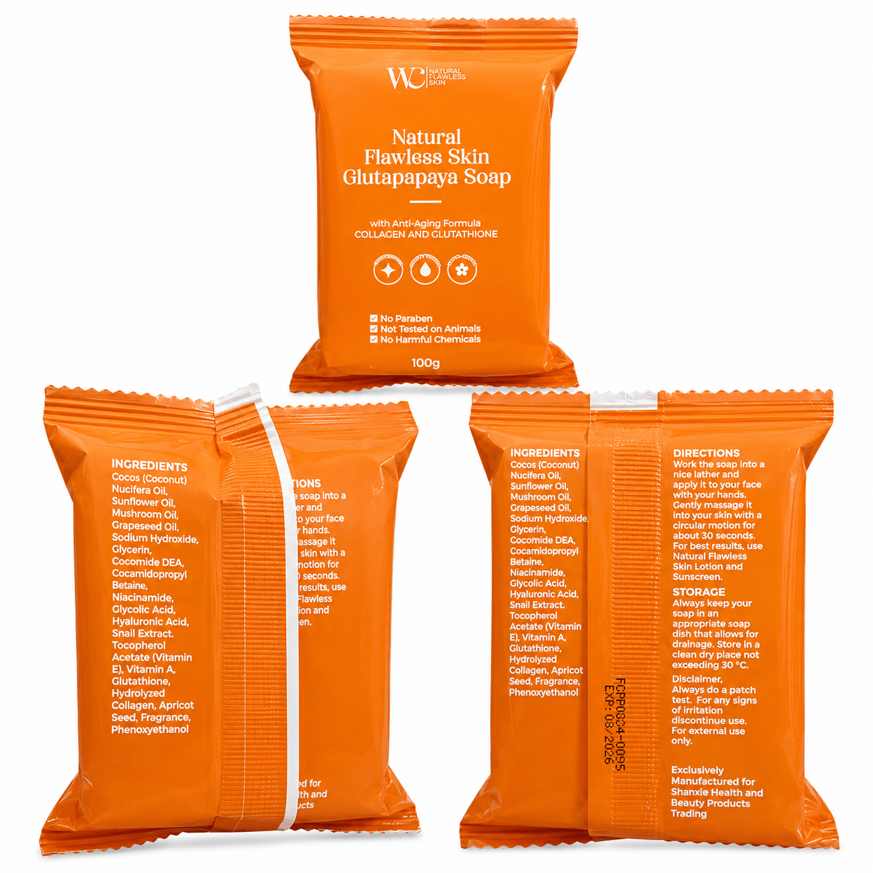 WC Natural Flawless Skin Glutapapaya Soap 100g enriched with aloe vera and botanical ingredients.