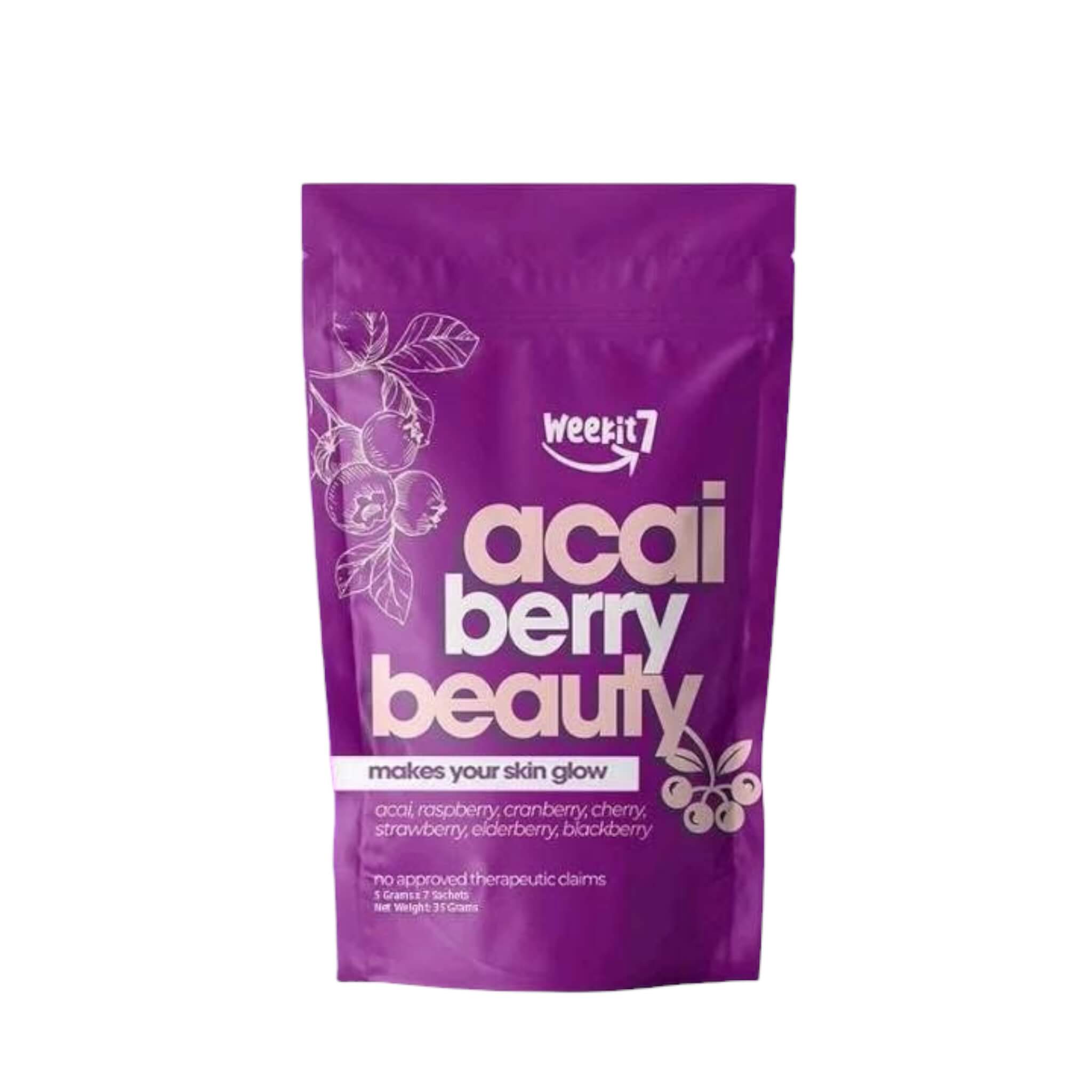 Weekit 7 Acai Berry Beauty Drink Mix – 7 Berry Blend with Raspberry, Cranberry, Strawberry, Elderberry & Cherry | Refreshing Daily Berry Drink Supplement | 5g x 7 Sachets (35g)