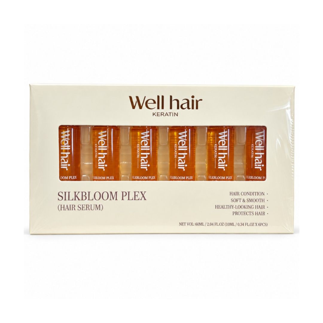 Well Hair Keratin Silkbloom Plex Hair Serum 60ml featuring six 10ml ampoules for professional hair conditioning and styling care.