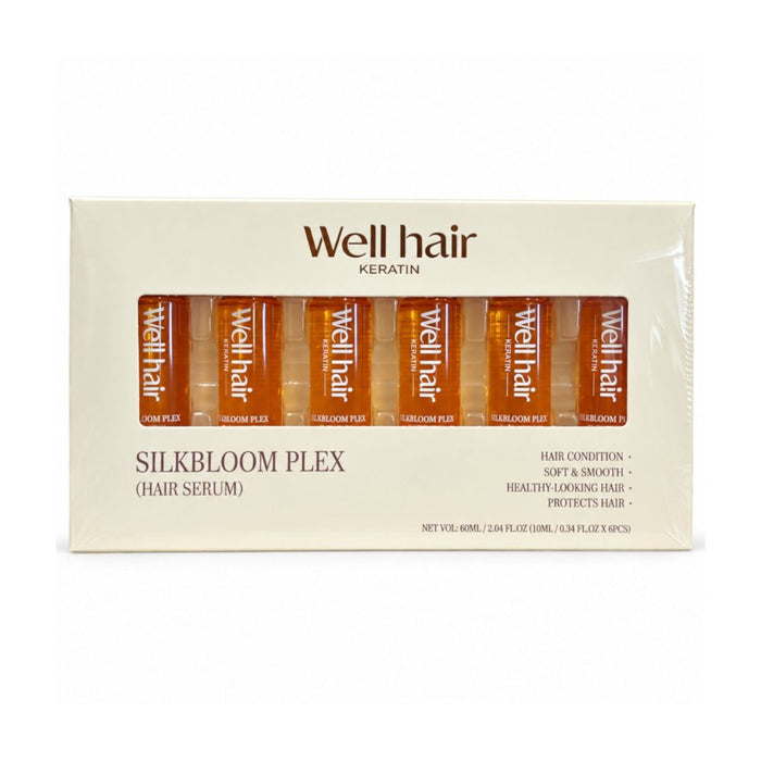 Well Hair Keratin Silkbloom Plex Hair Serum 60ml featuring six 10ml ampoules for professional hair conditioning and styling care.