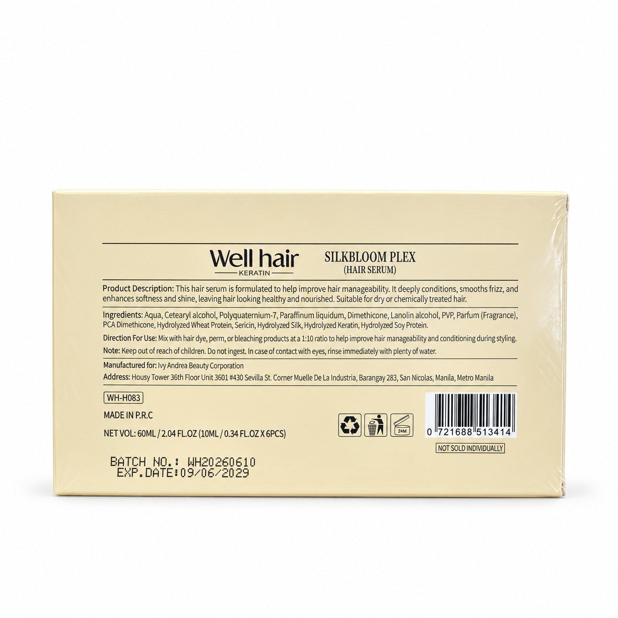 Well Hair Keratin Silkbloom Plex Hair Serum 60ml featuring Hydrolyzed Keratin as part of its protein-enriched conditioning formula.