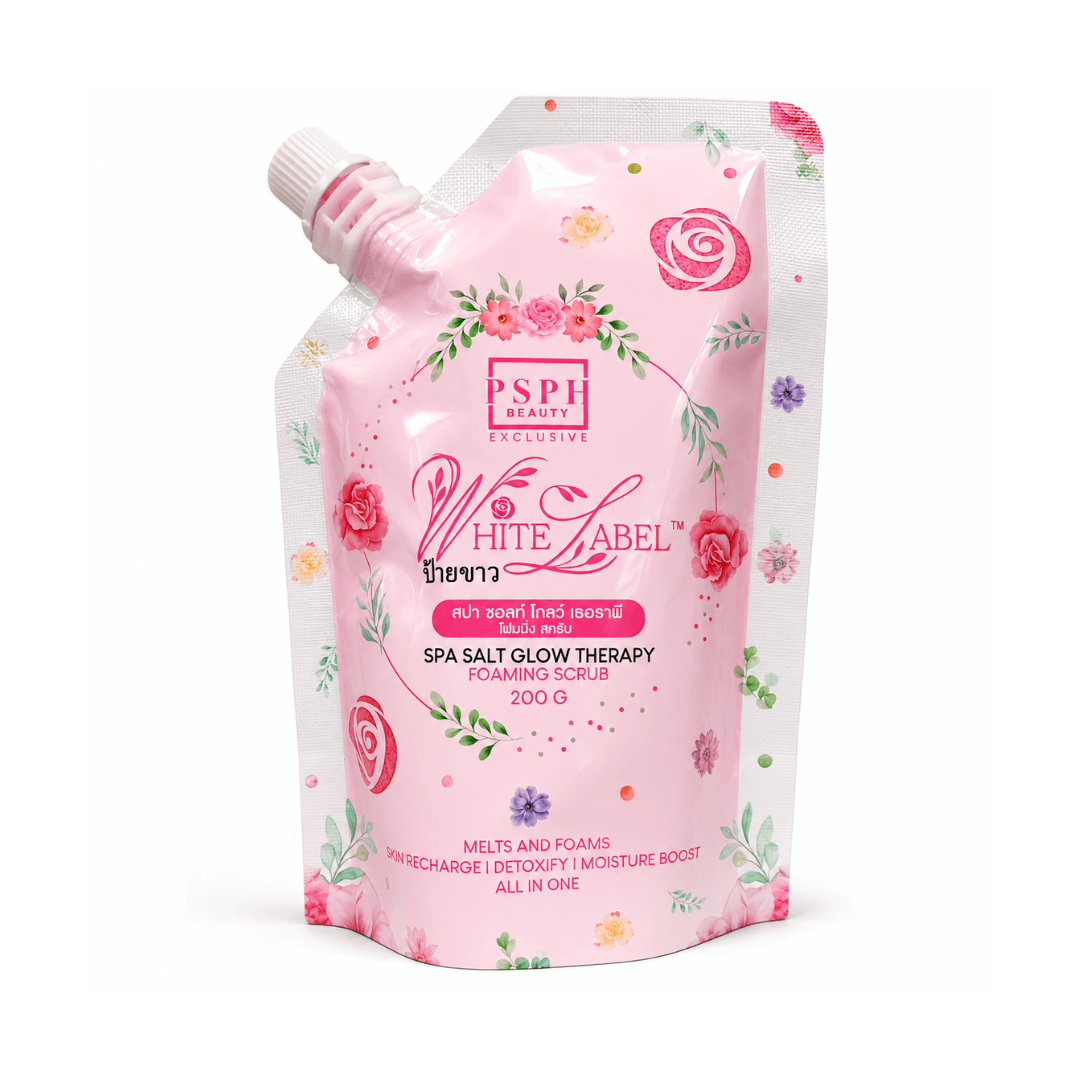 White Label Spa Salt Glow Therapy Foaming Scrub 200g creamy body polish with spa salt and nourishing ingredients for smooth, refreshed-looking skin.