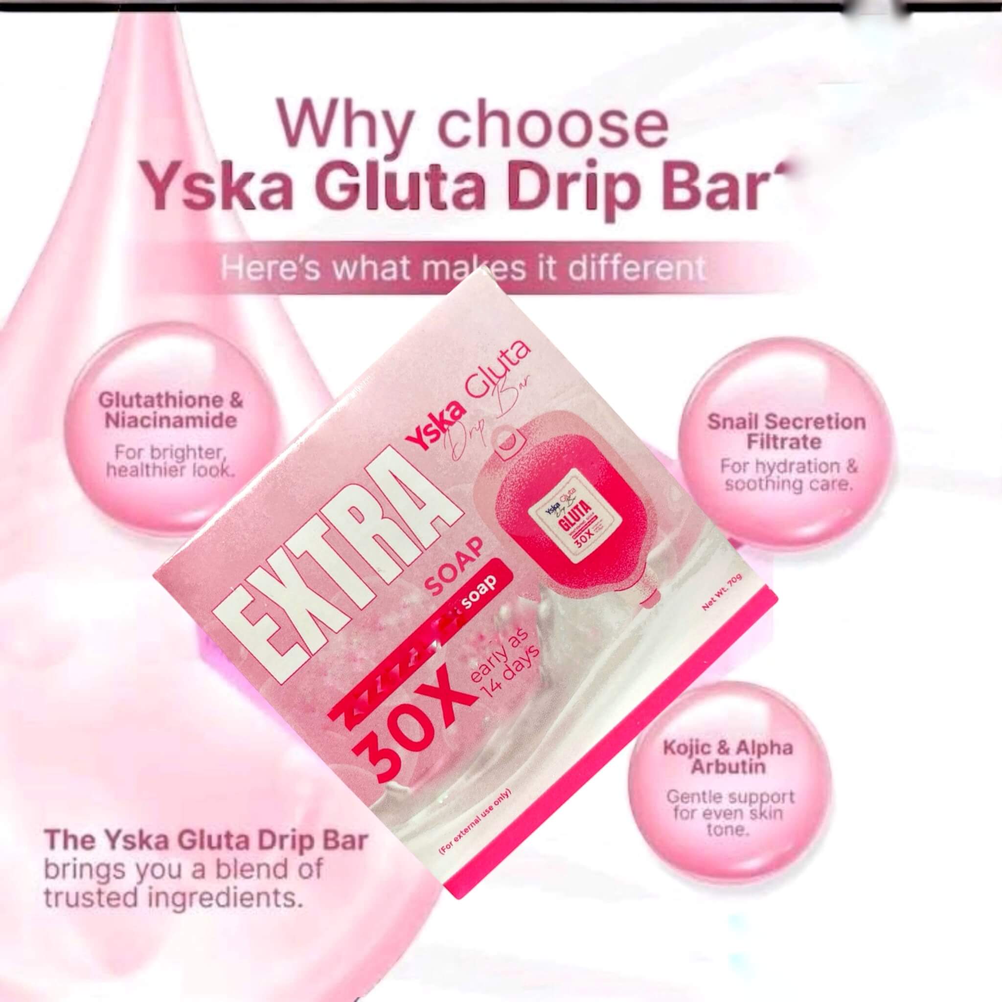 Yska Gluta Drip Bar Radiance Soap gentle daily cleansing bar designed to help improve skin texture and promote a fresh, soft finish.