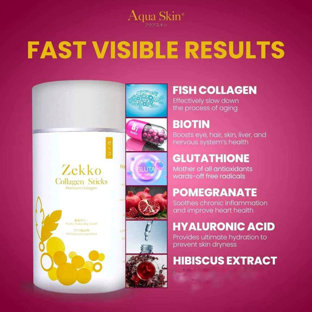 Aqua Skin Glutathione Capsules & Zekko Premium Collagen Jelly Sticks Bundle