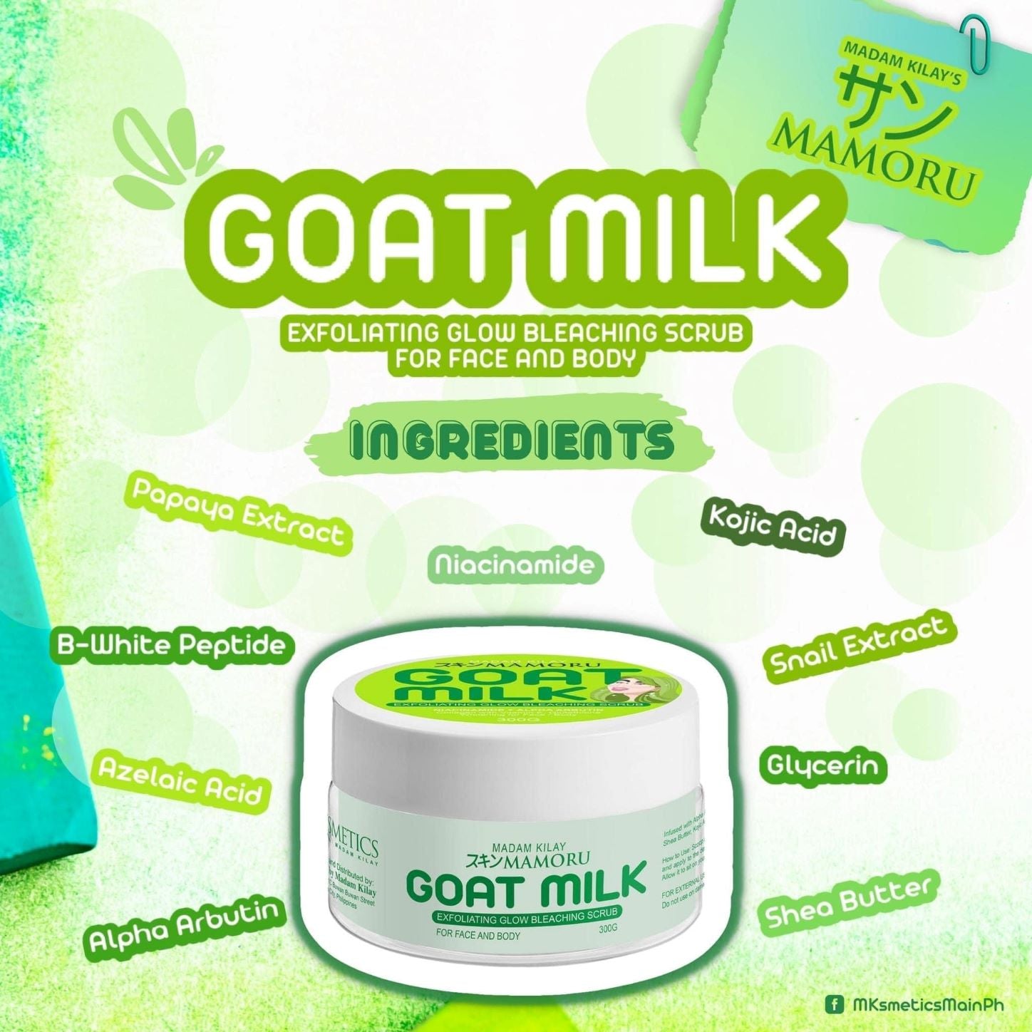 Madam Kilay Mamoru Goat Milk Exfoliating B;eaching face and Body Scrub with Papaya, Kojic, Snail Extract and Peptides 