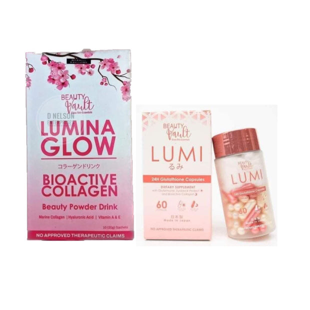 Beauty Vault LUMI 24H Glutathione Capsules + LUMINA GLOW Bioactive Collagen Mix