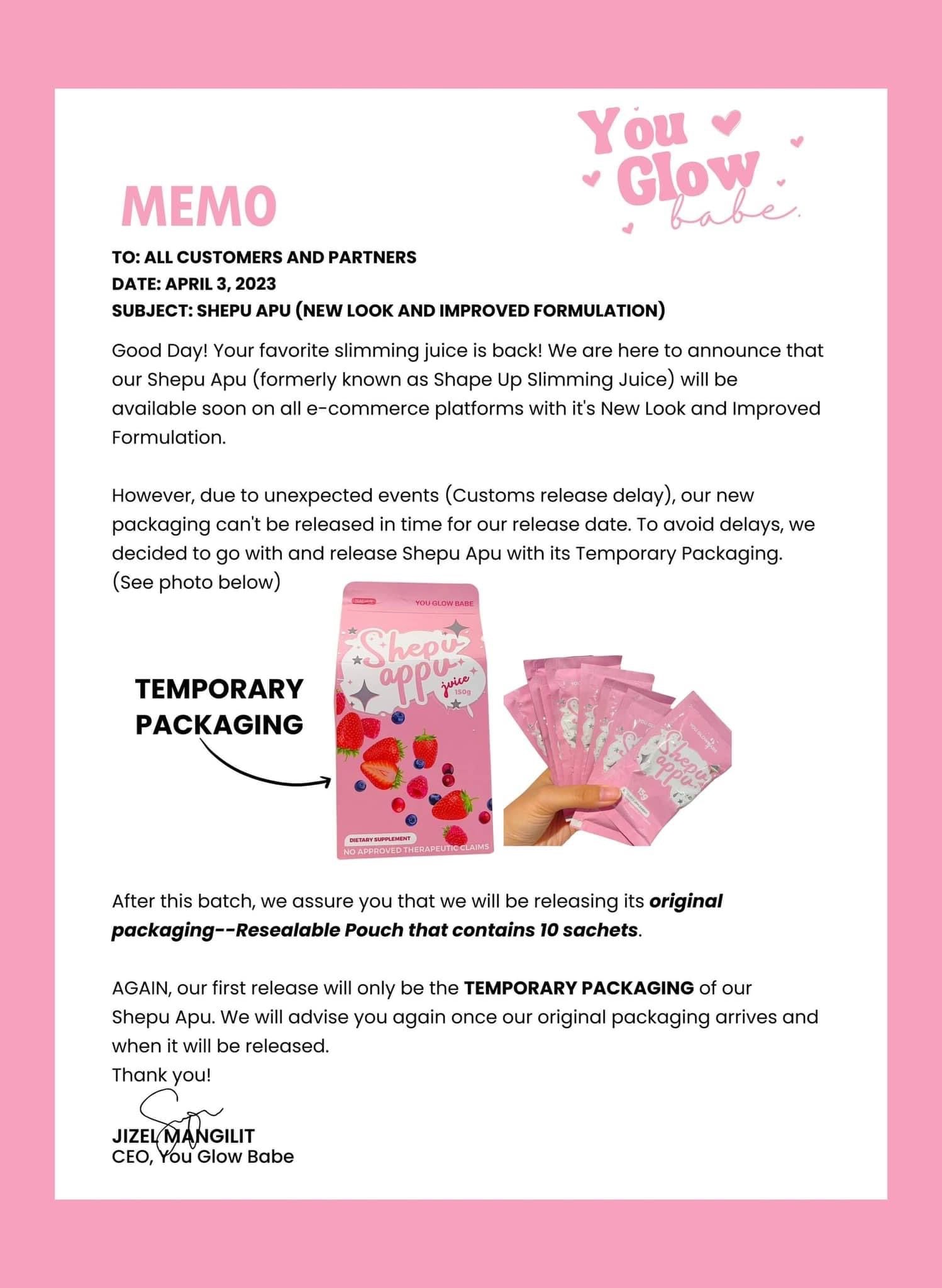 50 Sachets You Glow Babe SHAPE UP Juice SHEPU APPU - NO BOX