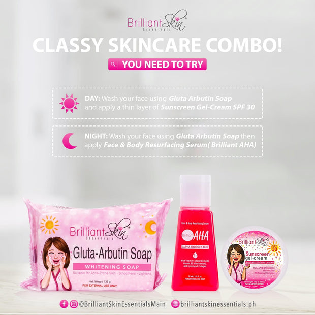 Brilliant Skin Calssy Skincare Combo(Whitening Soap+AHA Serum+Sunblock)