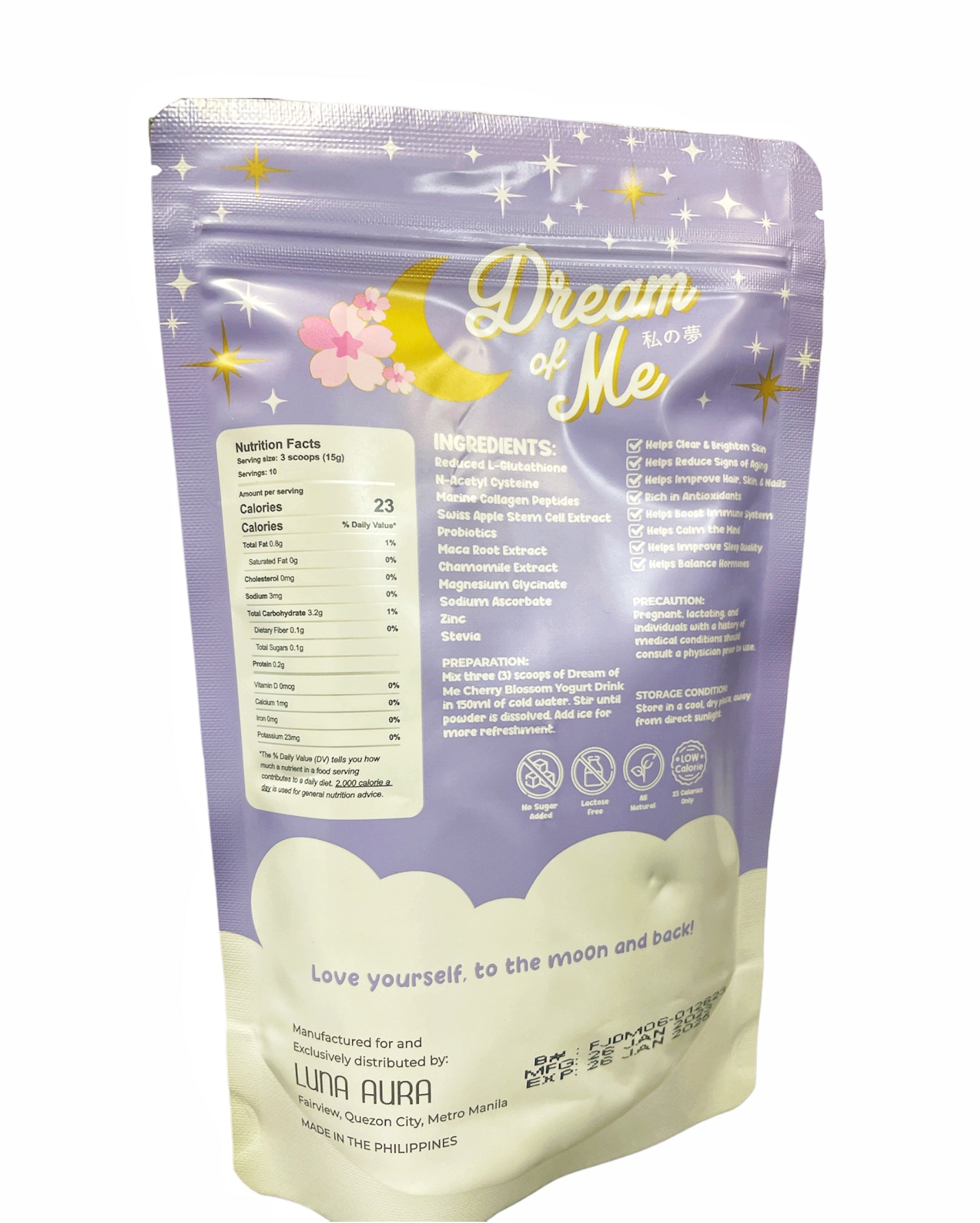 2 Packs Luna Aura Dream of Me Cherry Blossom Yogurt Drink Collagen & Glutathione, 150g