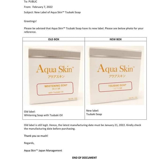 Aqua Skin Whitening Tsubaki Soap Japan Formula, 100g
