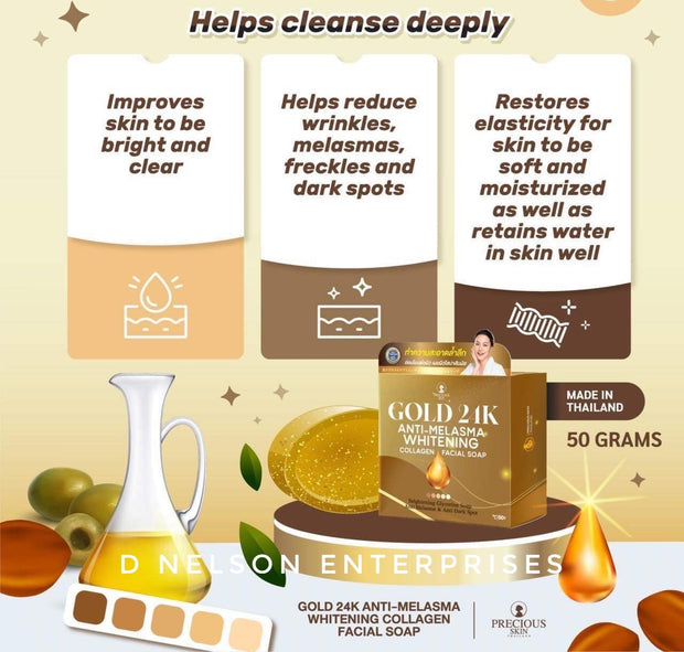 Precious Skin Thailand Gold 24K Whitening Anti-Melasma Collagen Facial Soap, 2 Bars x 50g