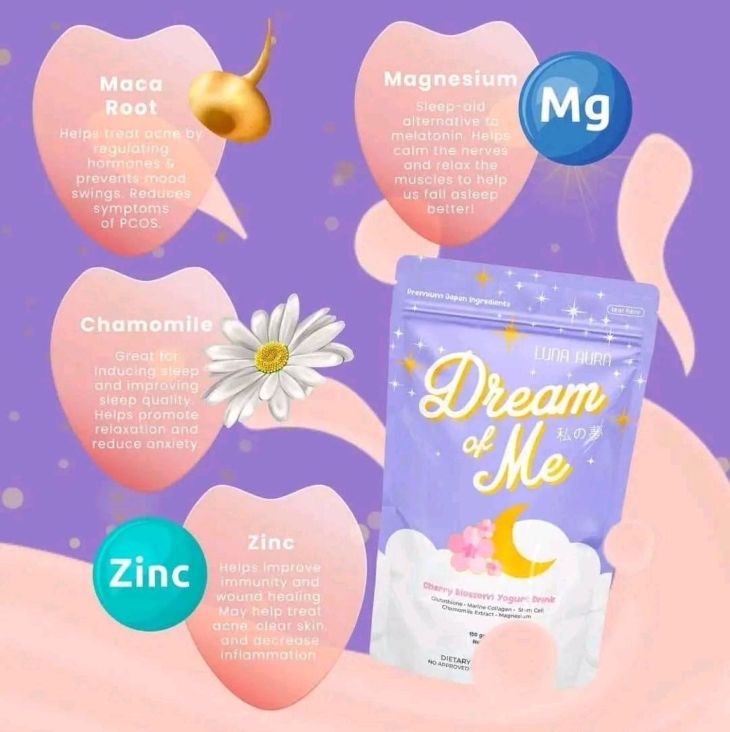 2 Packs Luna Aura Dream of Me Cherry Blossom Yogurt Drink Collagen & Glutathione, 150g